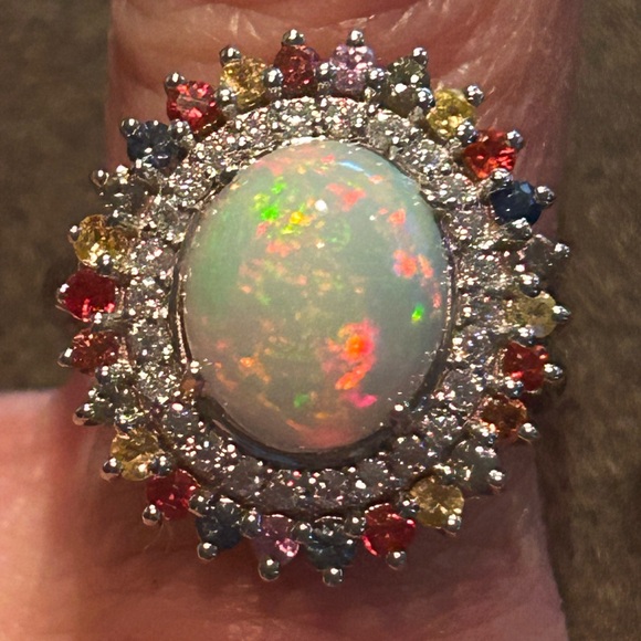 Ethiopian Welo Opal & Multi Gemstone Double Halo Ring Platinum/Sterling Silver - Picture 1 of 10